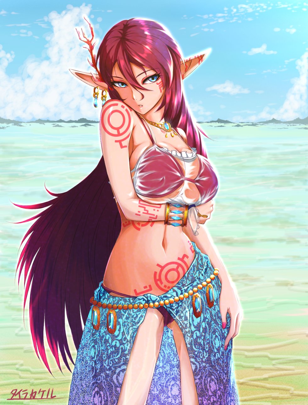 1girl breasts commentary_request earrings highres jewelry large_breasts long_hair looking_at_viewer myuria_tionysus pink_hair pointy_ears solo star_ocean star_ocean_the_last_hope swimsuit tairakakeru tattoo