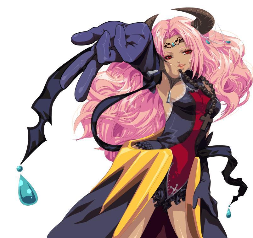 1girl arm_up armpits cross dark_skin demon_girl gloves hellga_(mini_fighter) horns long_hair mini_fighter necklace official_art parted_lips pink_hair red_eyes sleeveless smile solo succubus