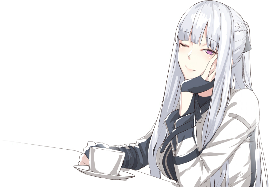 1girl ak-12_(girls_frontline) artificial_eye bangs braid breasts coffee_cup commentary_request cup dish disposable_cup eyebrows_visible_through_hair girls_frontline gloves hand_on_own_cheek kageshio_(276006) large_breasts lips long_hair mechanical_eye one_eye_closed parted_lips partly_fingerless_gloves sidelocks silver_hair simple_background smile solo steam tactical_clothes very_long_hair white_background