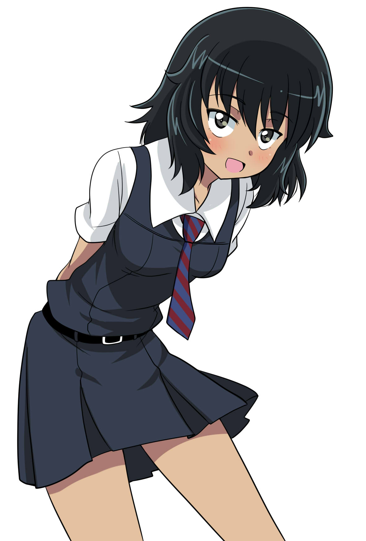 1girl :d andou_(girls_und_panzer) arms_behind_back bangs bc_freedom_school_uniform belt black_belt black_dress black_hair blue_neckwear blush brown_eyes commentary cowboy_shot dark_skin diagonal_stripes dress dress_shirt eyebrows_visible_through_hair girls_und_panzer highres leaning_forward looking_at_viewer medium_hair messy_hair necktie open_mouth pinafore_dress pleated_dress red_neckwear school_uniform shirt short_dress simple_background smile solo standing striped striped_neckwear summer_uniform wakku_kan white_background white_shirt wing_collar