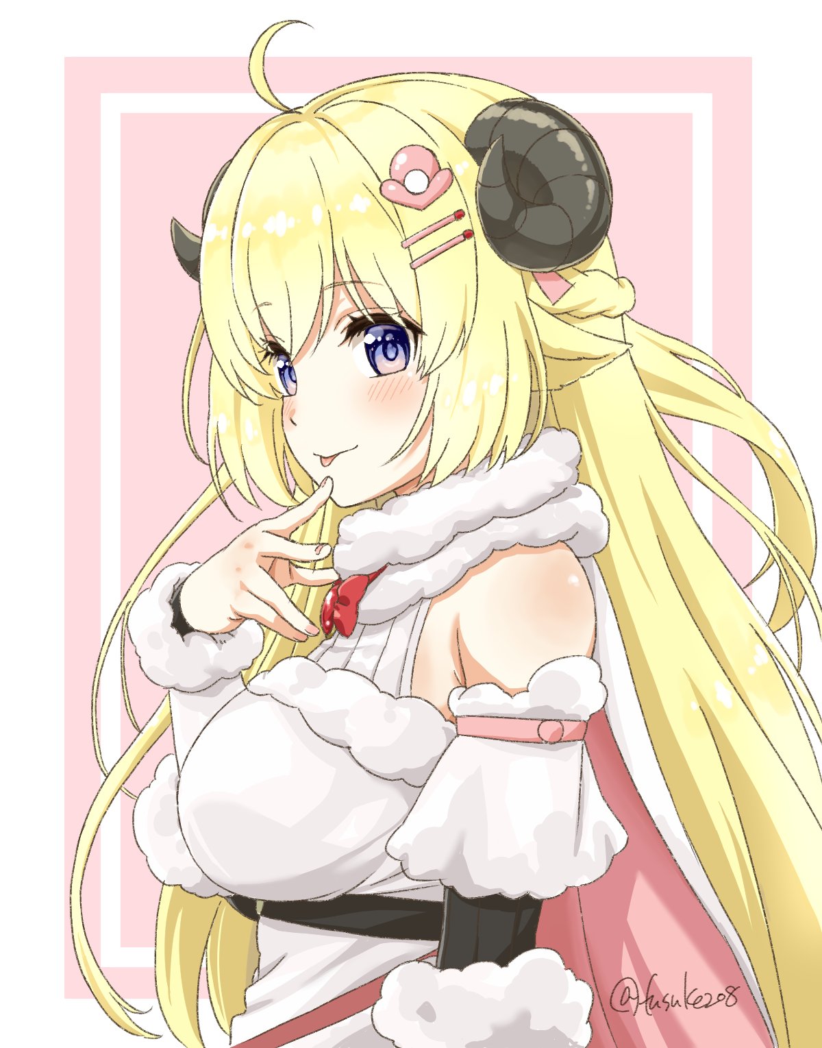 1girl ahoge animal_ears blonde_hair blush braid breasts closed_mouth commentary detached_sleeves dress eyebrows_visible_through_hair french_braid fur-trimmed_dress fur_trim fuusuke_(fusuke208) hair_between_eyes hair_ornament hairclip highres hololive horns long_hair looking_at_viewer medium_breasts pink_background sheep_ears sheep_horns simple_background smile solo tongue tongue_out tsunomaki_watame twitter_username upper_body violet_eyes virtual_youtuber white_dress