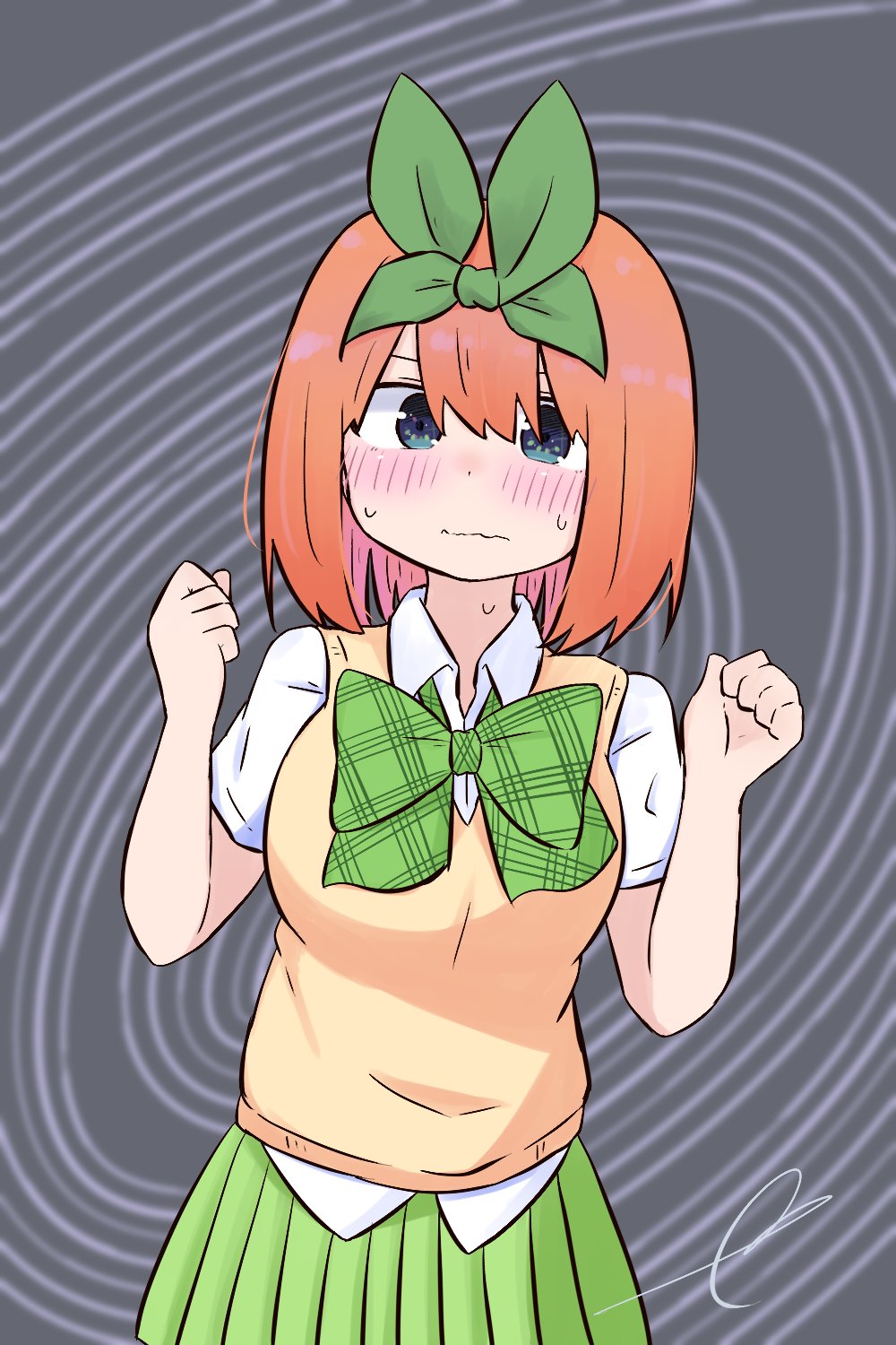 1girl bangs blue_eyes blush bow breasts closed_mouth collared_shirt commentary_request eyebrows_behind_hair go-toubun_no_hanayome green_bow green_ribbon green_skirt grey_background hair_between_eyes hair_ribbon hands_up highres kujou_karasuma medium_breasts nakano_yotsuba pleated_skirt ribbon shirt short_sleeves signature skirt solo sweat sweater_vest wavy_mouth white_shirt