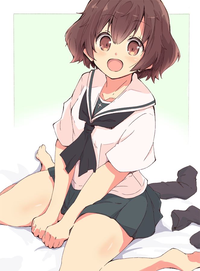 1girl :d akiyama_yukari bangs barefoot black_legwear black_neckwear blouse brown_eyes brown_hair eyebrows_visible_through_hair girls_und_panzer gradient gradient_background green_background green_skirt looking_at_viewer messy_hair miniskirt neckerchief on_bed ooarai_school_uniform open_mouth pleated_skirt sailor_collar school_uniform serafuku short_hair short_sleeves sitting skirt smile socks socks_removed solo tom_q_(tomtoq) v_arms wariza white_blouse white_sailor_collar