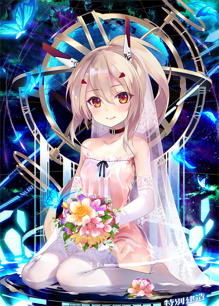 1girl ayanami_(azur_lane) azur_lane bare_shoulders bug butterfly choker commentary_request elbow_gloves eyebrows_visible_through_hair flower full_body gloves hair_between_eyes highres insect kneeling looking_at_viewer orange_eyes ponytail shirokitsune sleeveless smile solo thigh-highs