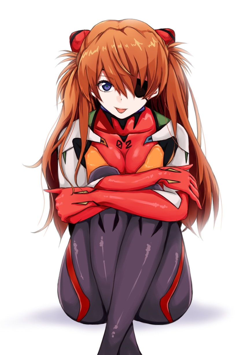 1girl blue_eyes bodysuit eyepatch highres interface_headset kama_o_nu multicolored multicolored_bodysuit multicolored_clothes neon_genesis_evangelion orange_hair pilot_suit plugsuit rebuild_of_evangelion red_bodysuit shikinami_asuka_langley sitting solo souryuu_asuka_langley tongue tongue_out two_side_up white_background