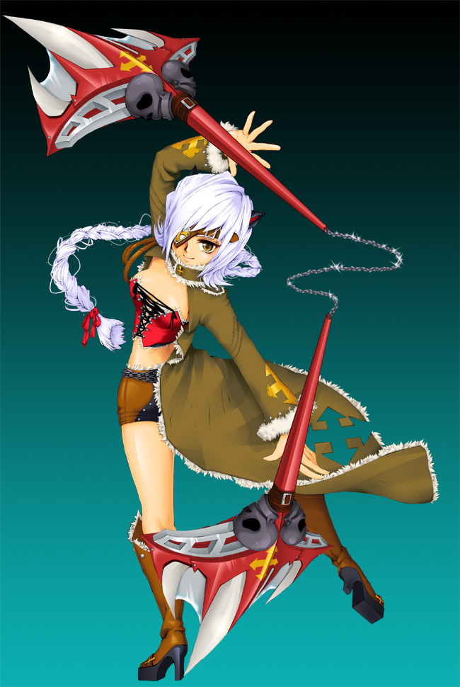 1girl arm_up blue_background bonny_(mini_fighter) boots braid brown_eyes brown_jacket cat_ears coat corset dual_wielding eyepatch looking_at_viewer midriff mini_fighter navel official_art pirate shorts smile solo white_hair