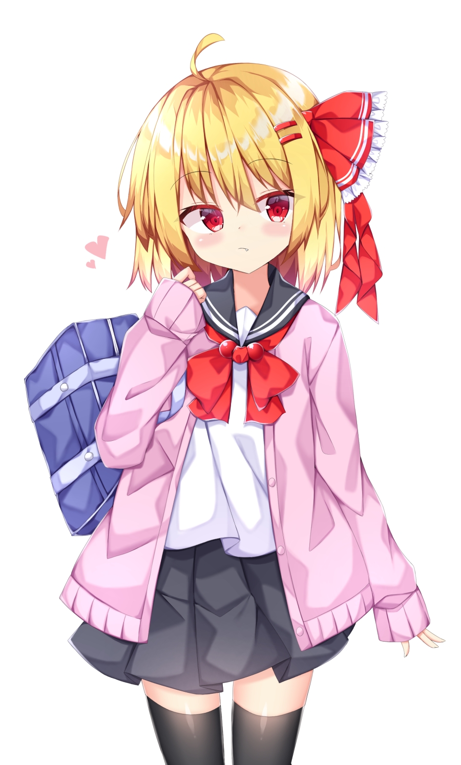 1girl ahoge alternate_costume arm_at_side arm_up bag bangs black_legwear black_skirt blonde_hair blue_sailor_collar blush_stickers cardigan carrying_over_shoulder cowboy_shot eyebrows_visible_through_hair fang fang_out frown hair_ribbon head_tilt heart highres kuraaken looking_at_viewer miniskirt neckerchief open_cardigan open_clothes pink_cardigan pleated_skirt red_eyes red_neckwear ribbon rumia sailor_collar school_bag school_uniform serafuku shiny shiny_hair short_hair simple_background skirt sleeves_past_wrists solo standing thigh-highs touhou white_background zettai_ryouiki