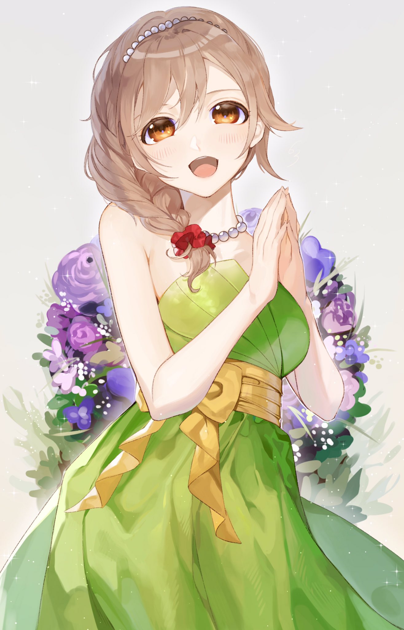 1girl :d armpit_crease bangs bare_arms bare_shoulders blush bow braid breasts brown_hair commentary cowboy_shot dress eyelashes flower green_dress hair_ornament hair_over_shoulder hair_scrunchie hands_together hands_up headband highres idolmaster idolmaster_cinderella_girls jewelry koyo_akio leaf light_brown_background light_particles looking_at_viewer medium_breasts necklace open_mouth orange_eyes parted_bangs pearl_choker pearl_hair_ornament pearl_necklace red_scrunchie sash scrunchie senkawa_chihiro shiny shiny_hair simple_background sleeveless sleeveless_dress smile solo standing strapless strapless_dress upper_teeth yellow_sash