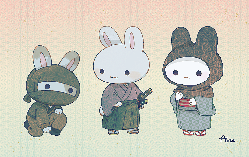 :3 ayu_(mog) blue_kimono blush ears_through_headwear hakama head_scarf japanese_clothes katana kimono long_sleeves looking_at_viewer multiple_swords ninja no_humans obi one_knee original rabbit sandals sash signature socks sword tabi unmoving_pattern weapon white_legwear wide_sleeves