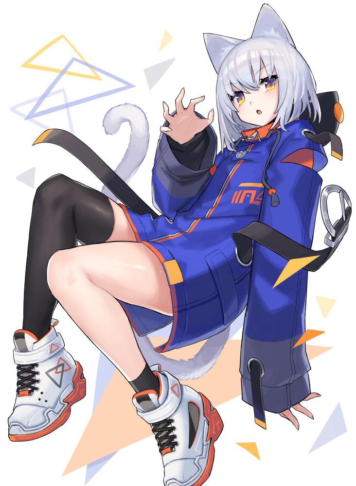 1girl :o animal_ears bangs belt black_legwear blue_coat blush chorefuji claw_pose coat eyebrows_visible_through_hair eyelashes fingernails fur hair_between_eyes long_sleeves looking_at_viewer open_mouth orange_eyes original shiny shiny_skin shoes short_hair single_thighhigh sneakers solo tail thigh-highs tongue white_footwear white_hair zipper_pull_tab