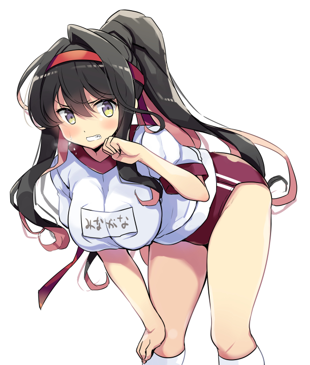 1girl bangs black_hair blush breasts breath buruma character_name commentary_request double_vertical_stripe eyebrows_visible_through_hair feet_out_of_frame frown grimace gym_shirt gym_uniform hair_between_eyes hand_on_own_knee hanging_breasts headband kantai_collection large_breasts leaning_forward long_hair looking_at_viewer naganami_(kantai_collection) name_tag odawara_hakone pink_hair purple_buruma red_headband revision shirt short_sleeves simple_background socks solo standing sweat white_background white_legwear white_shirt yellow_eyes