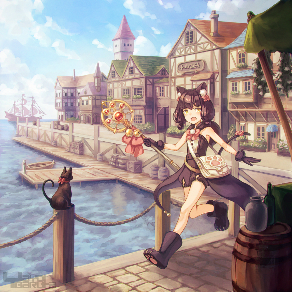 1girl :d animal_ears bag barrel bell black_cat black_hair boat bottle bow cat cat_ears cat_tail coattails crate day double_bun fantasy garutaisa gloves handbag holding holding_staff jetty jingle_bell ocean open_mouth original outdoors paw_boots pier puffy_shorts rope running scenery ship short_shorts shorts sky sleeveless smile staff tail twintails water watercraft yellow_eyes