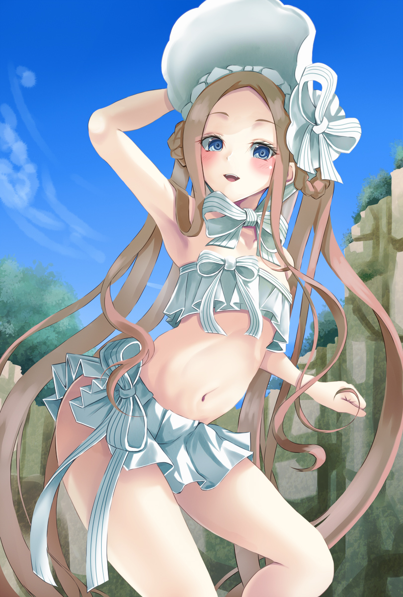 1girl :d abigail_williams_(fate/grand_order) abigail_williams_(swimsuit_foreigner)_(fate) arm_up bangs bikini blue_eyes blush bonnet bow braid brown_hair commentary_request day eyebrows_visible_through_hair fate/grand_order fate_(series) forehead hair_bow hair_rings hand_on_headwear highres long_hair looking_at_viewer navel open_mouth outdoors parted_bangs sidelocks smile solo strapless strapless_bikini striped striped_bow swimsuit twin_braids twintails very_long_hair white_bikini white_bow white_headwear yumibakama_meme