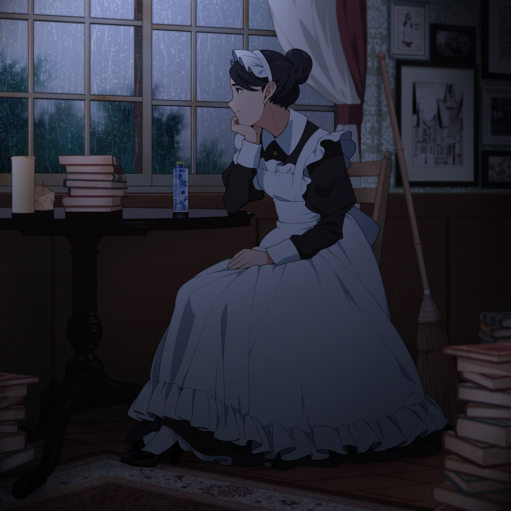 1girl apron black_hair book_stack broom candle carpet chin_rest commentary_request dark_room hair_bun indoors long_sleeves looking_to_the_side maid maid_apron maid_dress maid_headdress original painting_(object) photo_(object) rain short_hair suzushiro_(suzushiro333) table water_drop wooden_floor