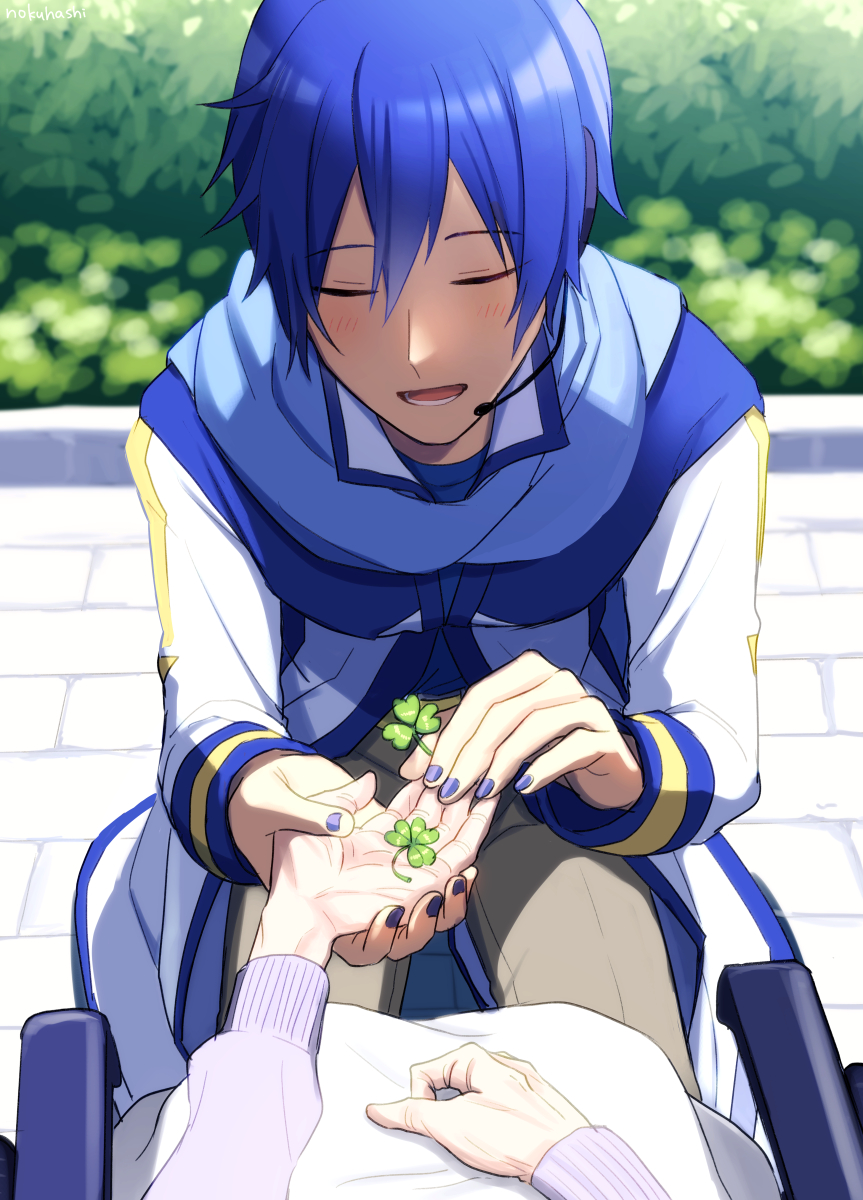 1boy blue_hair blue_nails blue_scarf closed_eyes clover coat commentary day four-leaf_clover giving headset highres holding_hands kaito light_smile male_focus master_(vocaloid) nail_polish nokuhashi old_woman older open_mouth outdoors pants pov scarf squatting vocaloid wheelchair white_coat wrinkled_skin