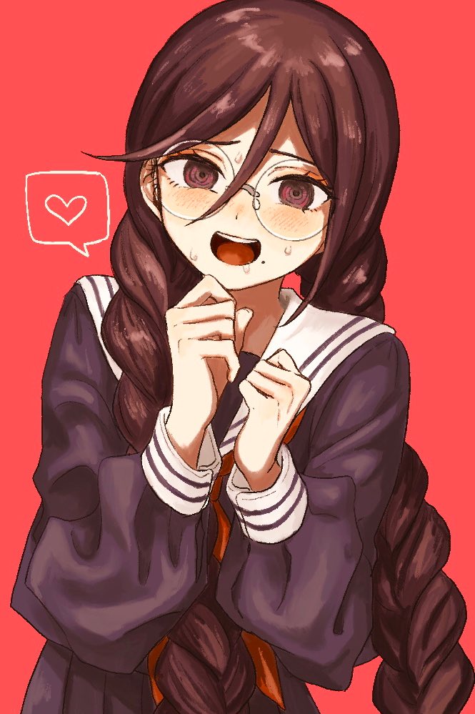 1girl black_serafuku blush braid brown_hair clenched_hands commentary dangan_ronpa dangan_ronpa_1 fukawa_touko glasses hair_between_eyes heart long_hair looking_at_viewer mole mole_under_mouth red_background renshu_usodayo round_eyewear school_uniform serafuku simple_background smile solo spoken_heart sweat twin_braids upper_body