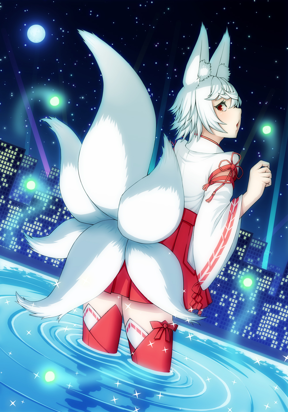 1girl animal_ear_fluff animal_ears city detached_sleeves fox_ears fox_tail highres japanese_clothes miko moon multiple_tails night night_sky nontraditional_miko phantasy_star phantasy_star_online_2 red_eyes red_legwear red_skirt ripples searchlight short_hair skirt sky solo star_(sky) starry_sky tail tamoo-kurichala thigh-highs wading water white_hair wide_sleeves