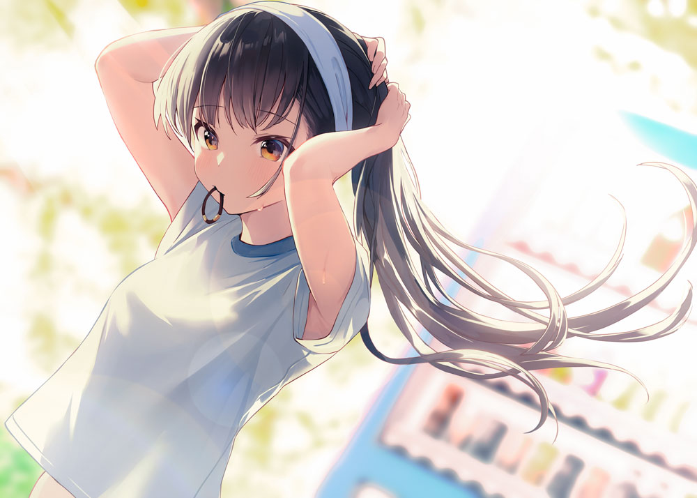 1girl adjusting_hair arms_behind_head arms_up bangs black_hair blurry blurry_background bokeh breasts brown_eyes commentary_request copyright_request day depth_of_field dutch_angle floating_hair gym_uniform hair_strand hair_tie hair_tie_in_mouth hairband kagawa_ichigo long_hair looking_away looking_down mouth_hold official_art orange_eyes outdoors ponytail shirt short_sleeves solo sweat tying_hair upper_body vending_machine white_shirt