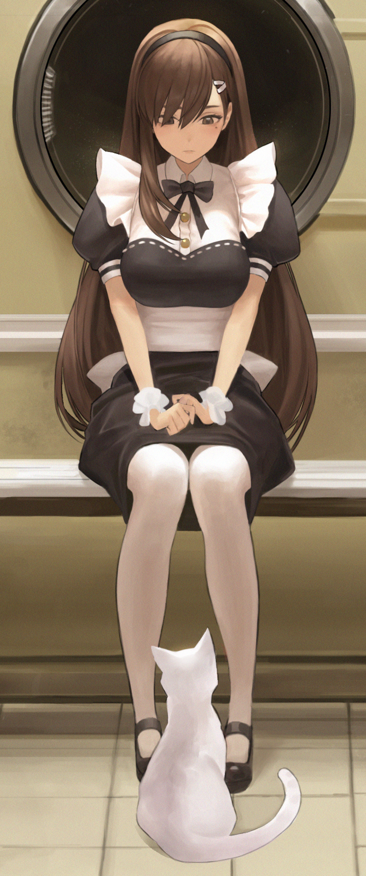 1girl black_dress black_footwear black_hairband breasts brown_hair cat commentary cropped dress english_commentary grey_eyes hair_ornament hairband hairclip highres indoors large_breasts laundromat loafers long_hair maid maid_dress maid_headdress mole mole_under_eye moon_(yfsp7823) original pantyhose puffy_short_sleeves puffy_sleeves shoes short_dress short_sleeves sitting solo washing_machine white_legwear wrist_cuffs