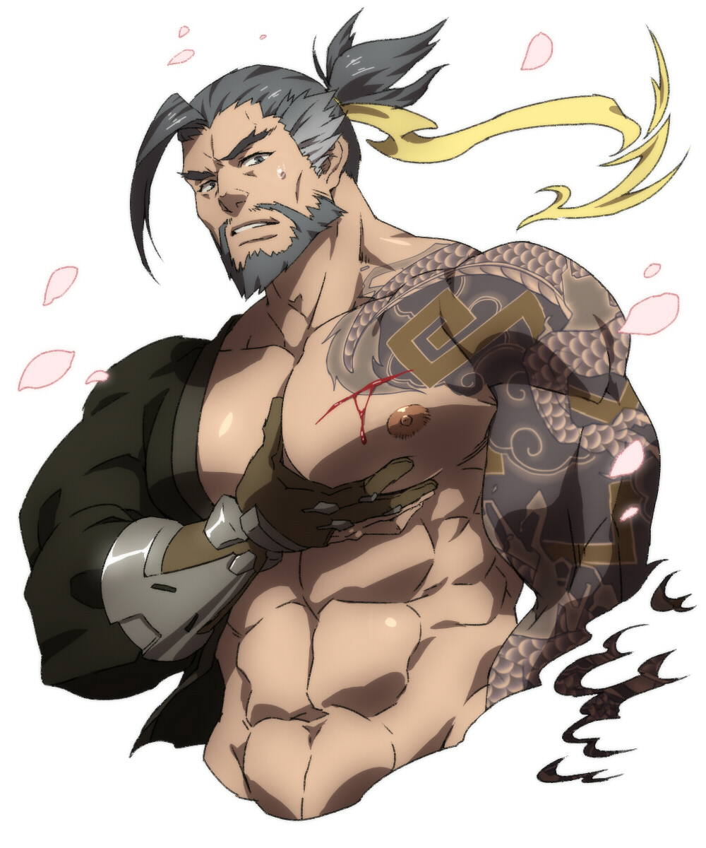 1boy abs bara bare_chest beard blood chest cropped_torso facial_hair forked_eyebrows grabbing grey_hair hanzo_(overwatch) highres injury konohanaya male_focus manly medium_hair muscle navel nipples overwatch pectoral_grab prosthesis prosthetic_arm self_fondle shoulder_tattoo solo sweatdrop tattoo