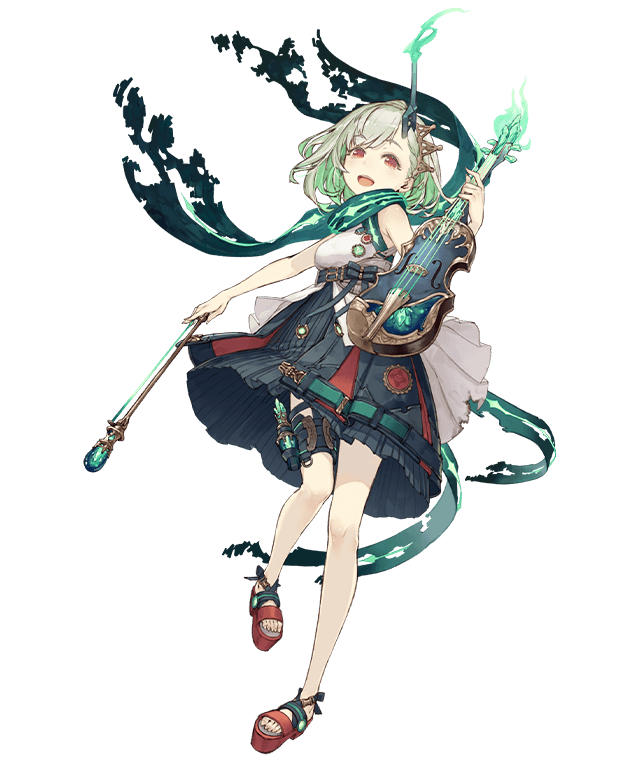 1girl :d bow_(instrument) breasts dress eyebrows_visible_through_hair full_body green_dress green_hair horns instrument ji_no little_match_girl_(sinoalice) looking_at_viewer official_art open_mouth platform_footwear red_eyes sandals scarf single_horn sinoalice sleeveless sleeveless_dress small_breasts smile solo thigh_strap transparent_background upper_teeth violin