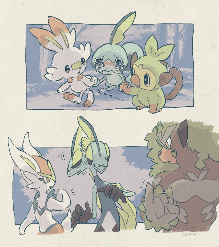 !? black-framed_eyewear blush cinderace closed_mouth commentary_request crying frown gen_8_pokemon glasses grookey holding_hands inteleon looking_back no_humans pokemon pokemon_(creature) rillaboom scorbunny sobble starter_pokemon_trio wavy_mouth yurano_(upao)