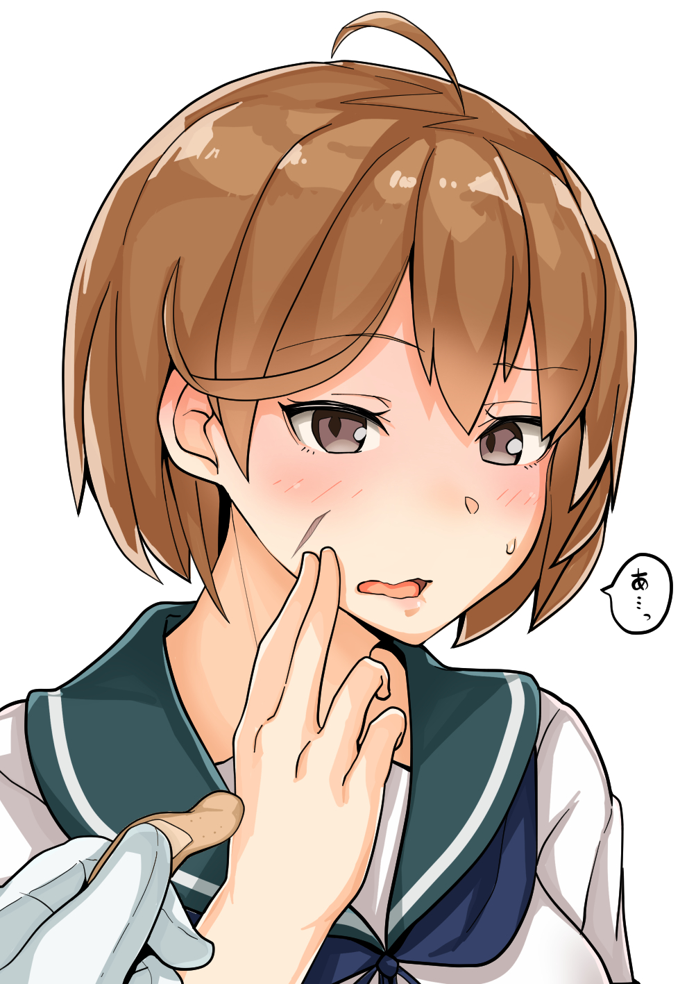 1girl 1other blue_neckwear blue_sailor_collar brown_eyes brown_hair commentary_request facial_scar highres holding_bandaid kantai_collection looking_at_viewer neckerchief oboro_(kantai_collection) open_mouth sailor_collar scar scar_on_cheek school_uniform serafuku short_hair simple_background takasugi_heppu upper_body white_background