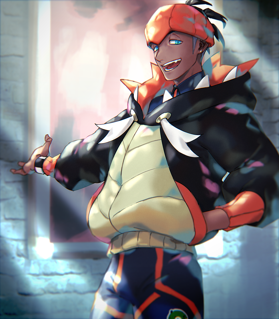 1boy aqua_eyes black_hair black_hoodie commentary_request dark_skin dark_skinned_male dynamax_band earrings gym_leader hood jewelry looking_at_viewer male_focus open_mouth orange_headwear pokemon pokemon_(game) pokemon_swsh raihan_(pokemon) shorts smile solo suruga_dbh teeth tongue