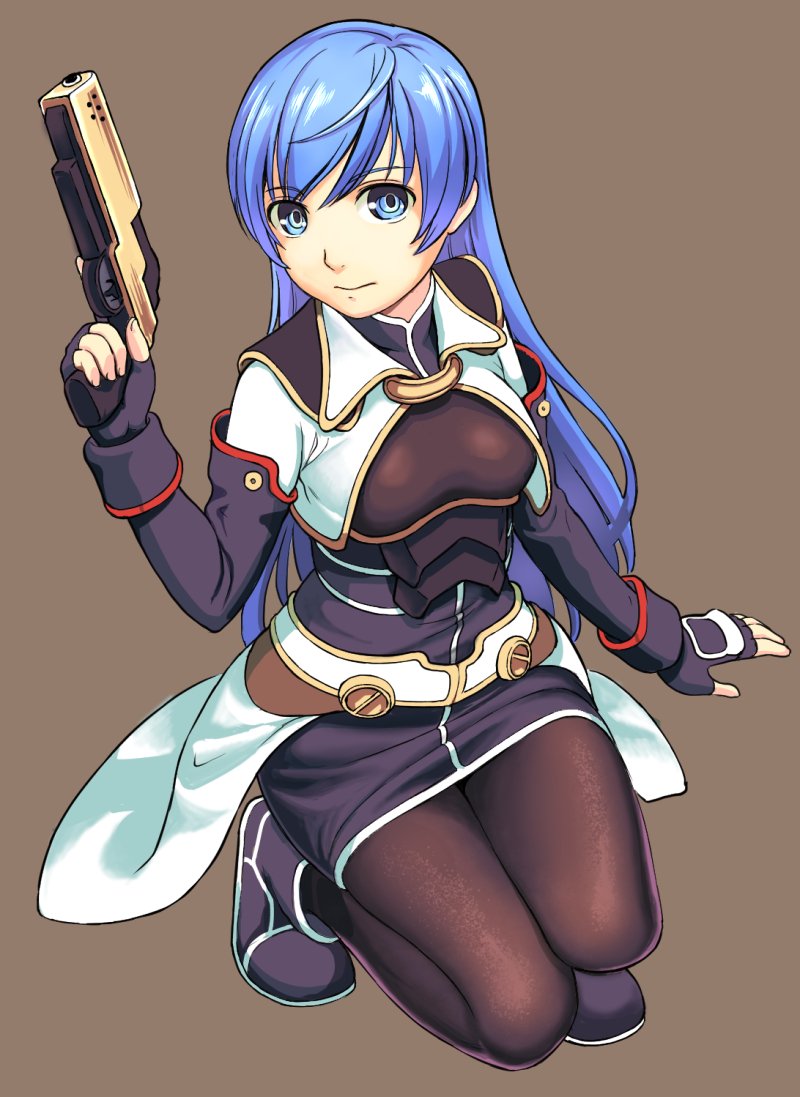 1girl armor black_gloves black_legwear blue_hair breastplate breasts closed_mouth commentary_request dress eyebrows_visible_through_hair fingerless_gloves gloves green_eyes gun handgun holding holding_gun holding_weapon long_hair looking_at_viewer maria_traydor pistol simple_background skirt solo star_ocean star_ocean_anamnesis star_ocean_till_the_end_of_time very_long_hair weapon