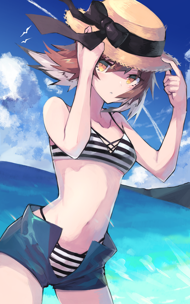 1girl arknights bikini black_bikini blue_shorts blue_sky breasts brown_eyes brown_hair cowboy_shot day hand_on_headwear hat looking_at_viewer multicolored_hair navel ocean open_clothes open_fly open_shorts outdoors plume_(arknights) sasa_onigiri short_hair short_shorts shorts sky small_breasts solo standing stomach straw_hat striped striped_bikini swimsuit two-tone_hair white_bikini white_hair