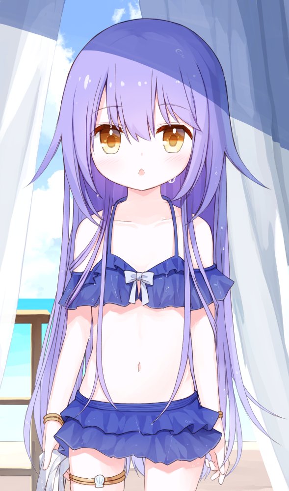 1girl :o bangs bare_shoulders bikini blue_bikini blush bow brown_eyes collarbone commentary_request curtains day eyebrows_visible_through_hair hair_between_eyes holding holding_towel indoors long_hair looking_at_viewer navel original parted_lips purple_hair solo standing swimsuit towel very_long_hair wet white_bow yuuhagi_(amaretto-no-natsu)