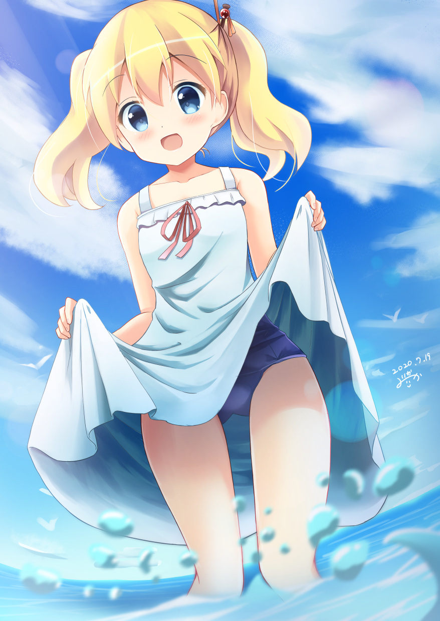 1girl :d alice_cartelet bangs bird blonde_hair blue_eyes blue_sky blue_swimsuit blush clouds commentary_request dated day dot_nose dress dress_lift eyebrows_visible_through_hair hair_ornament hair_stick highres inakami kin-iro_mosaic lifted_by_self long_hair looking_at_viewer ocean one-piece_swimsuit open_mouth red_ribbon ribbon school_swimsuit signature sky smile solo swimsuit swimsuit_under_clothes twintails wading