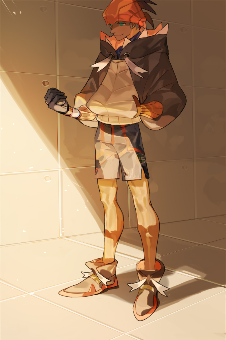 1boy black_hoodie brown_hair closed_mouth commentary_request dynamax_band earrings gloves hand_in_pocket jewelry looking_down male_focus number orange_headwear picube525528 pokemon pokemon_(game) pokemon_swsh raihan_(pokemon) shoes shorts side_slit side_slit_shorts smile solo standing tile_floor tiles