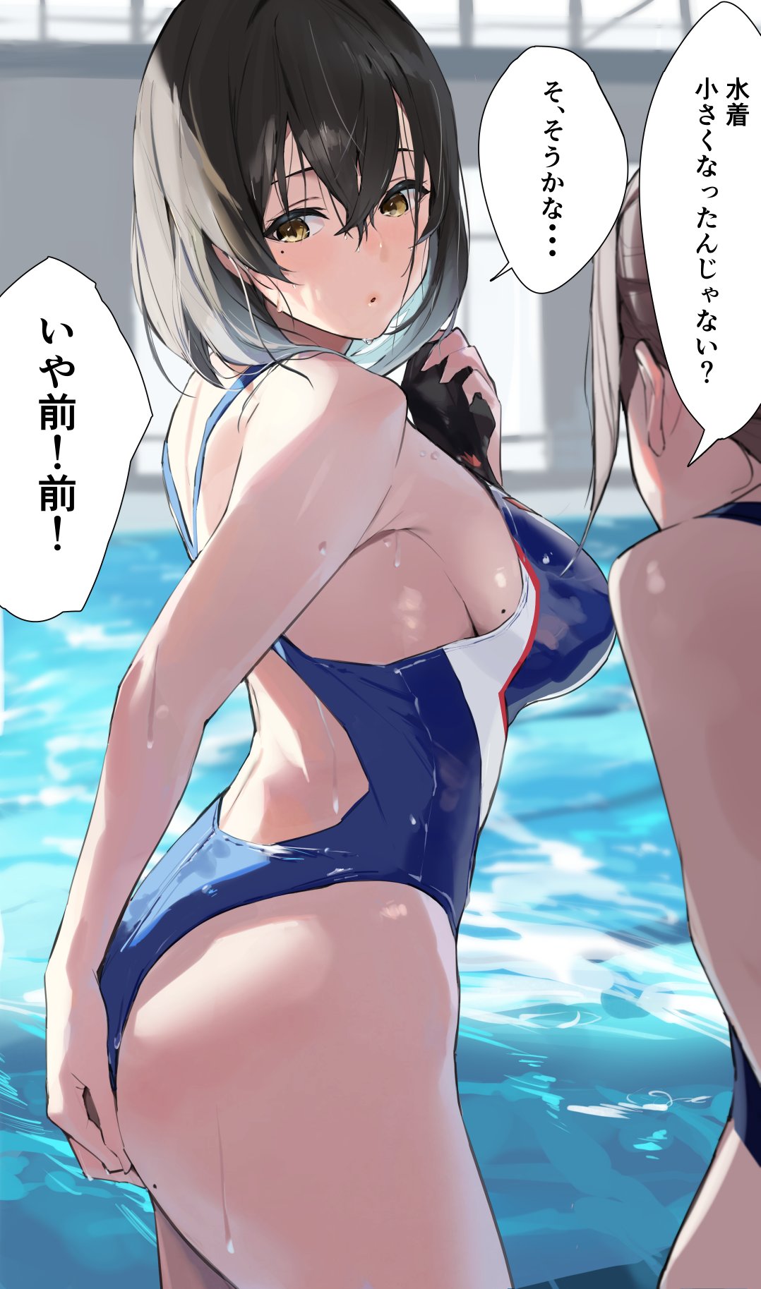 2girls ass black_hair blue_swimsuit breasts brown_eyes commentary_request competition_swimsuit highleg highleg_swimsuit highres indoors mukai_seira multiple_girls musunde_hiraite_(mh5jta) one-piece_swimsuit original pool short_hair sideboob solo_focus swimsuit translation_request