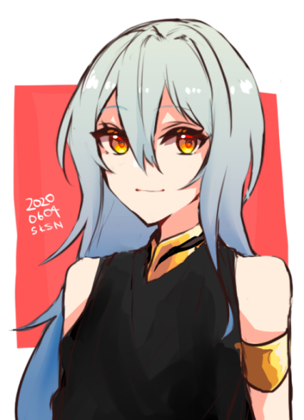 1other androgynous bangs bare_shoulders blue_hair closed_mouth eyebrows_visible_through_hair hair_between_eyes long_hair looking_at_viewer rimuru_tempest sakusan_yousoeki simple_background smile solo tensei_shitara_slime_datta_ken yellow_eyes