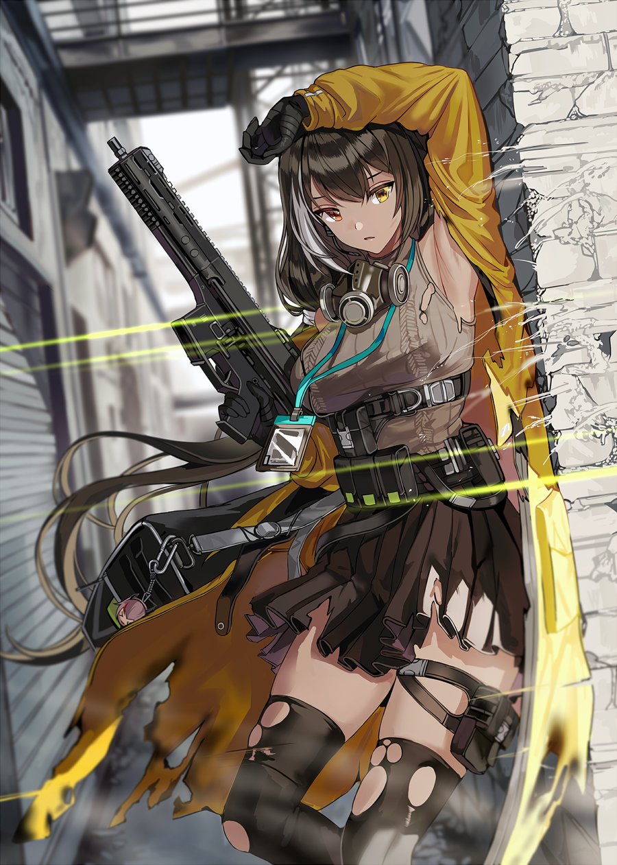 1girl arm_up armpits black_gloves black_hair black_legwear blurry blurry_background breasts building floating_hair gas_mask girls_frontline gloves gun hand_up headset heterochromia highres holding holding_gun holding_weapon id_card lanyard large_breasts long_hair long_sleeves looking_at_viewer miniskirt multicolored_hair open_clothes parted_lips pleated_skirt ro635_(girls_frontline) silence_girl skirt sleeveless solo standing streaked_hair thigh-highs thighs torn_clothes torn_legwear torn_skirt very_long_hair weapon yellow_eyes