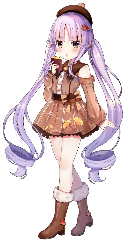 1girl :o bangs bare_shoulders beret blush boots brown_eyes brown_footwear brown_headwear brown_shirt brown_skirt eyebrows_visible_through_hair food full_body fur-trimmed_boots fur_trim hair_ornament hand_up hat holding holding_food kyouka_(princess_connect!) leaf_hair_ornament long_hair long_sleeves looking_at_viewer lydia601304 parted_bangs parted_lips pleated_skirt pointy_ears princess_connect! princess_connect!_re:dive puffy_long_sleeves puffy_sleeves purple_hair ringlets shirt simple_background skirt sleeves_past_wrists solo standing sweet_potato twintails very_long_hair white_background yakiimo