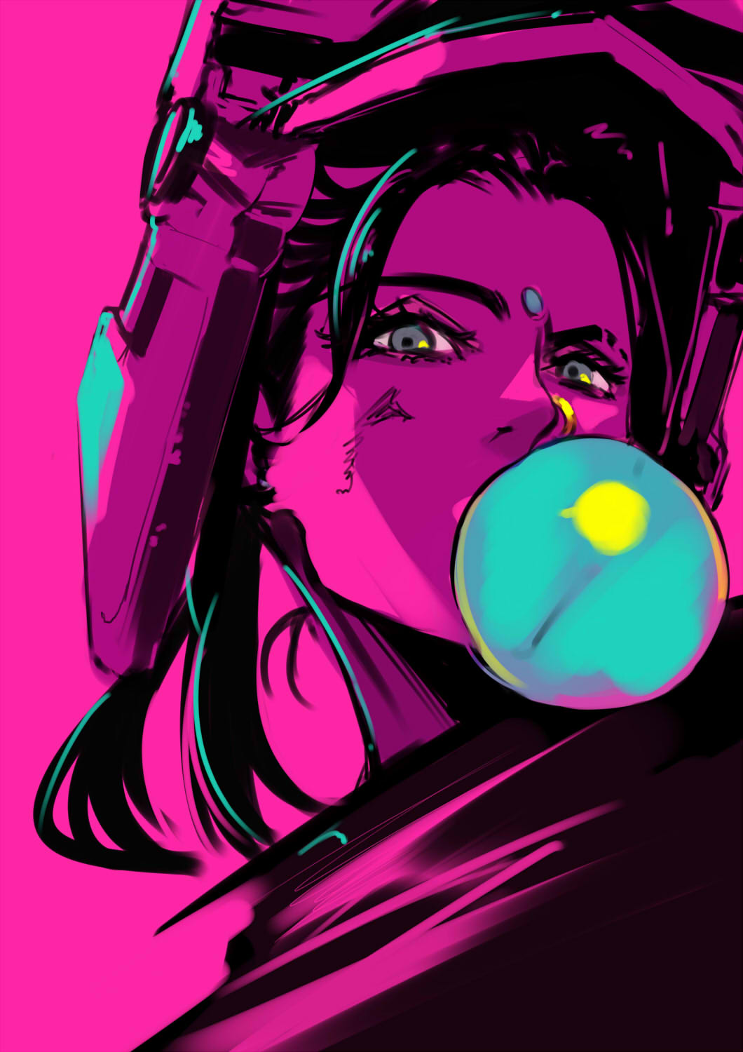 1girl apex_legends bubble_blowing chewing_gum chromatic_aberration facial_mark forehead_mark grey_eyes highres limited_palette looking_at_viewer pink_background pink_theme pokimari portrait rampart_(apex_legends) simple_background solo spot_color