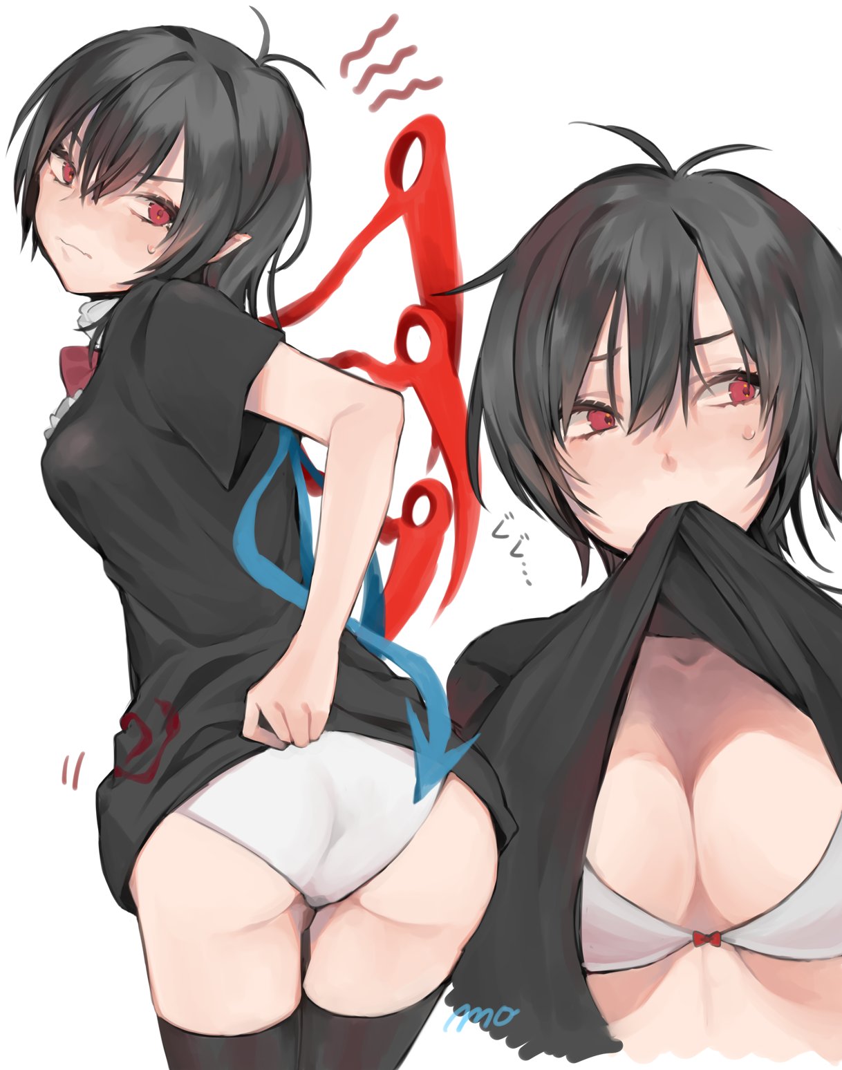 1girl ahoge asymmetrical_wings bangs biting biting_clothes black_dress black_hair black_legwear blue_wings bow bow_bra bra breasts center_frills closed_mouth collarbone commentary_request cowboy_shot dress dress_lift frills highres houjuu_nue looking_away makita_(vector1525) medium_breasts medium_hair mouth_hold panties pointy_ears red_eyes red_neckwear red_wings shirt_lift signature solo sweat thigh-highs touhou underwear wavy_mouth white_background white_bra white_panties wings zettai_ryouiki