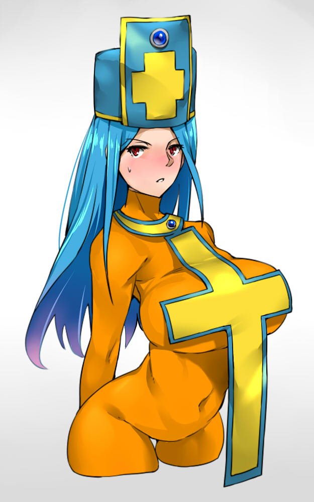 1girl aqua_hair bakkanki blue_hair blush bodysuit breasts commentary_request cross dragon_quest dragon_quest_iii hat huge_breasts long_hair looking_at_viewer mitre orange_bodysuit priest_(dq3) red_eyes simple_background skin_tight solo