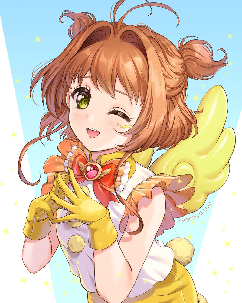 1girl ;d antenna_hair bow brooch brown_hair cardcaptor_sakura fingers_together gem gloves green_eyes jewelry kimopoleis kinomoto_sakura looking_at_viewer one_eye_closed open_mouth red_bow short_hair simple_background smile teeth two_side_up upper_body watermark web_address yellow_gloves yellow_wings