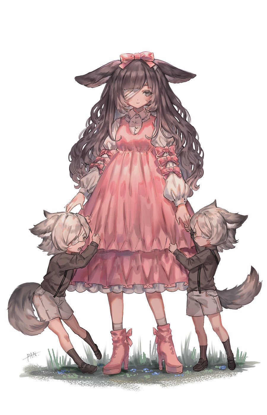 1girl 2boys animal_ears artist_name bandage_over_one_eye bandages black_footwear black_legwear blush bow brown_hair child closed_mouth dress eyepatch fox_boy fox_tail grass green_eyes grey_hair hair_bow high_heels highres holding holding_hands long_hair looking_at_another multiple_boys open_mouth original pan_(pan_417) pink_bow pink_dress pink_footwear shorts siblings signature simple_background smile socks standing tail teeth twins white_background white_legwear white_shorts