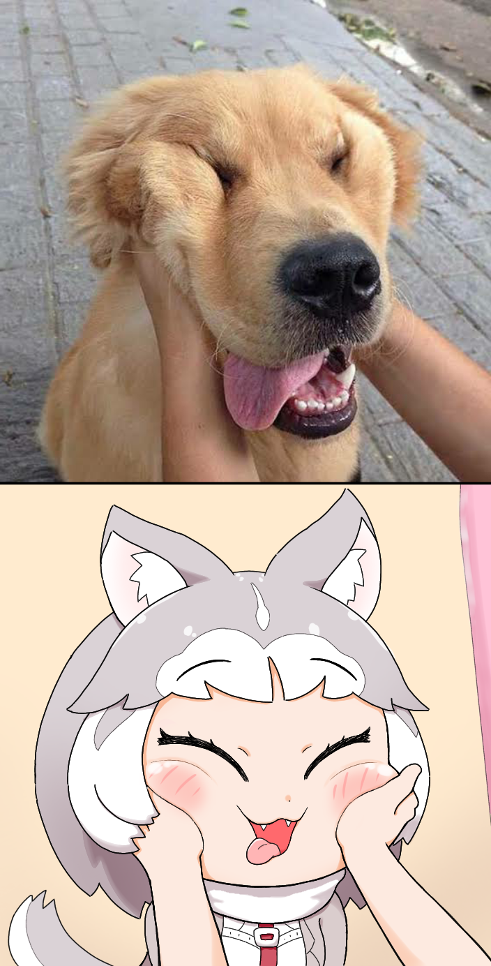 1girl animal_ears blush closed commentary_request dog dog_(mixed_breed)_(kemono_friends) dog_ears dog_girl dog_tail eyebrows eyebrows_visible_through_hair eyes fangs fur golden_retriever harness highres kemono_friends multicolored_hair nanatidayo photo-referenced reference_photo tail tongue tongue_out two-tone_hair