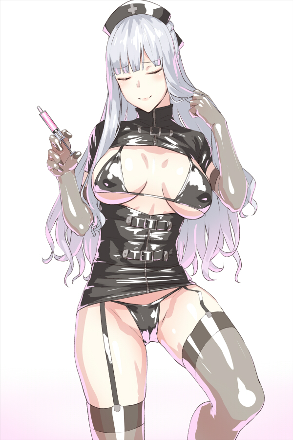 1girl ak-12_(girls_frontline) bangs bikini black_bikini black_legwear breasts breasts_apart closed_eyes commentary_request elbow_gloves garter_straps girls_frontline gloves hat holding holding_syringe kageshio_(276006) large_breasts latex lips long_hair nurse nurse_cap sidelocks silver_hair smile solo swimsuit syringe thigh-highs