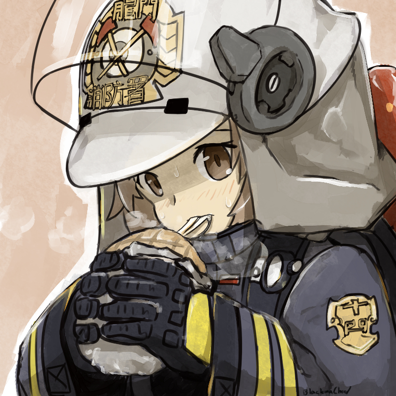 1girl arknights beige_background blackma_(pagus0012) bread breath brown_eyes brown_hair cheese_trail commentary eating english_commentary fire_helmet fire_jacket firefighter food gloves long_sleeves looking_at_viewer portrait shaw_(arknights) solo sweat