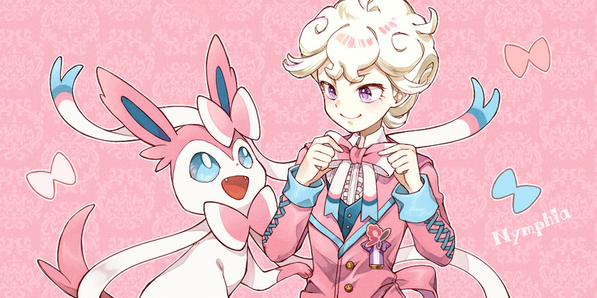 1boy bangs bede_(pokemon) blonde_hair blush bow buttons character_name closed_mouth commentary fangs gen_6_pokemon happy jacket long_sleeves looking_down open_mouth pink_background pink_jacket pokemon pokemon_(creature) pokemon_(game) pokemon_swsh sasairebun smile sylveon tongue violet_eyes