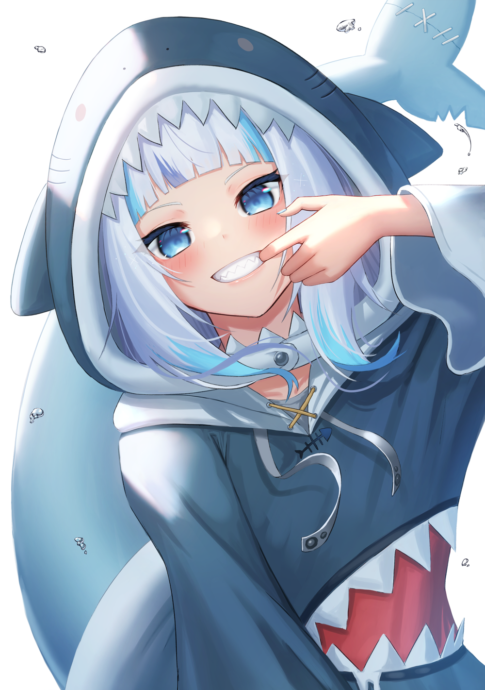 1girl :d arm_up bangs black_hoodie blue_eyes blue_hair blunt_bangs blush drawstring finger_in_mouth gawr_gura grin highres hololive hololive_english long_sleeves looking_at_viewer multicolored_hair open_mouth shark_girl shark_hood shark_tail sharp_teeth short_hair silver_hair simple_background smile solo suraimu_(suraimuraimu) symbol_commentary tail teeth two-tone_hair upper_body virtual_youtuber water_drop white_background