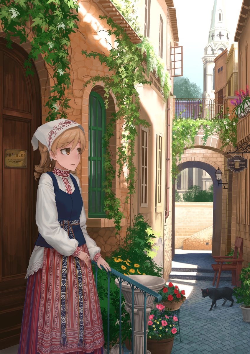 1girl black_cat blonde_hair brown_eyes cat chair door drill_hair eyebrows_visible_through_hair flower highres idolmaster idolmaster_cinderella_girls lif morikubo_nono open_window outdoors pipe plant potted_plant railing solo sunlight traditional_clothes window wooden_chair