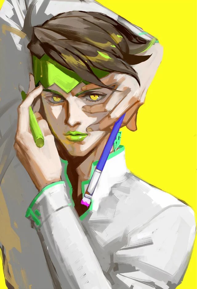 1boy arm_above_head bangs brown_hair diamond_wa_kudakenai earrings green_lipstick headband jewelry jojo_no_kimyou_na_bouken kishibe_rohan lipstick makeup male_focus paintbrush scar6105 solo swept_bangs upper_body yellow_background yellow_eyes