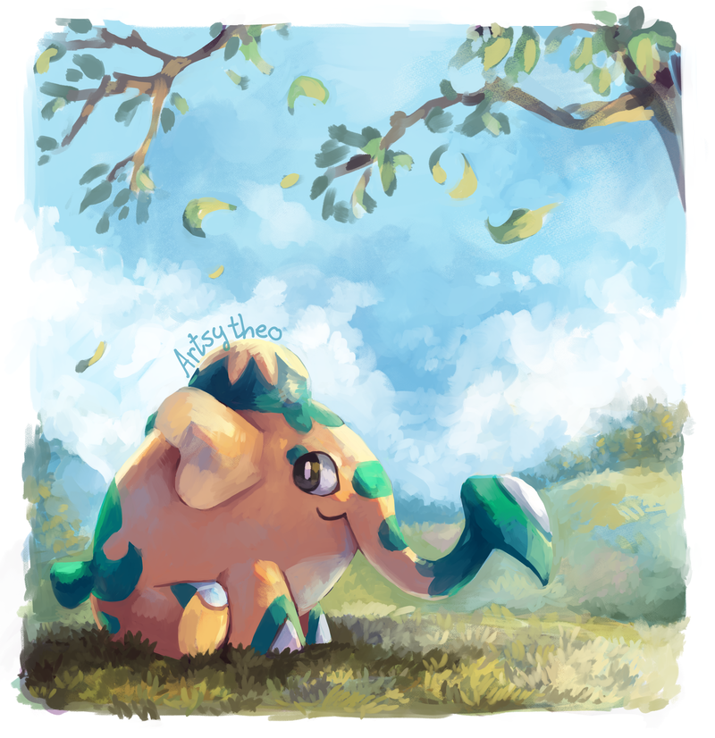 artist_name artsy-theo black_eyes closed_mouth clouds commentary cufant day elephant gen_8_pokemon grass leaves_in_wind looking_to_the_side no_humans outdoors pokemon pokemon_(creature) sitting sky smile